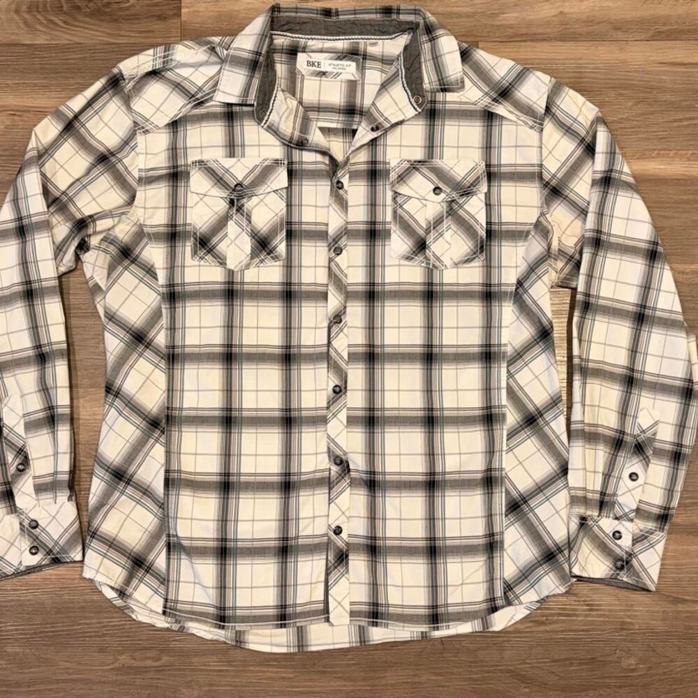 BKE Men’s 2XL Athletic Fit Plaid Snap Shirt Black Gray White Western Long Sleeve